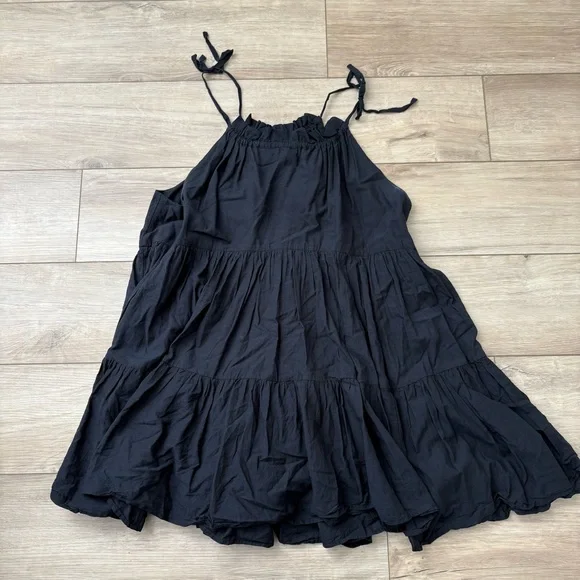 J Crew Tie Shoulder Tiered Mini Dress‎ Black L Swing Babydoll Cotton Minimalist - Picture 5 of 6